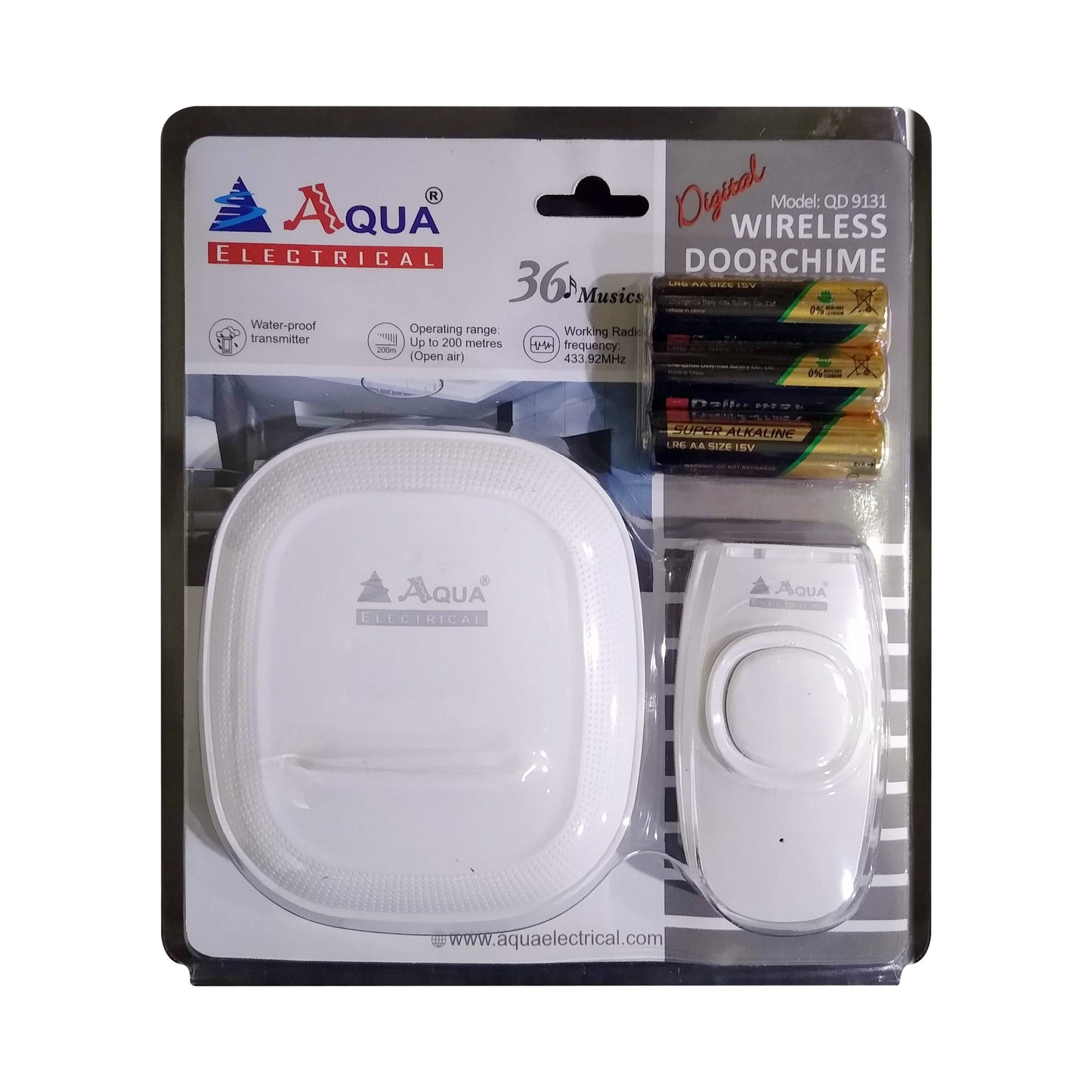 AQUA Digital Wireless Door Chime 9131 (White) – 36 Melodies, Waterproof Transmitter, 200 m Range