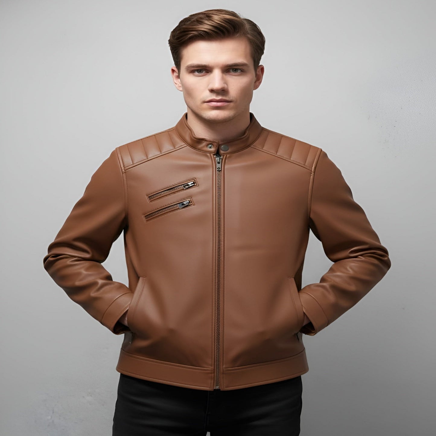 Man wearing a brown leather jacket against a gray background