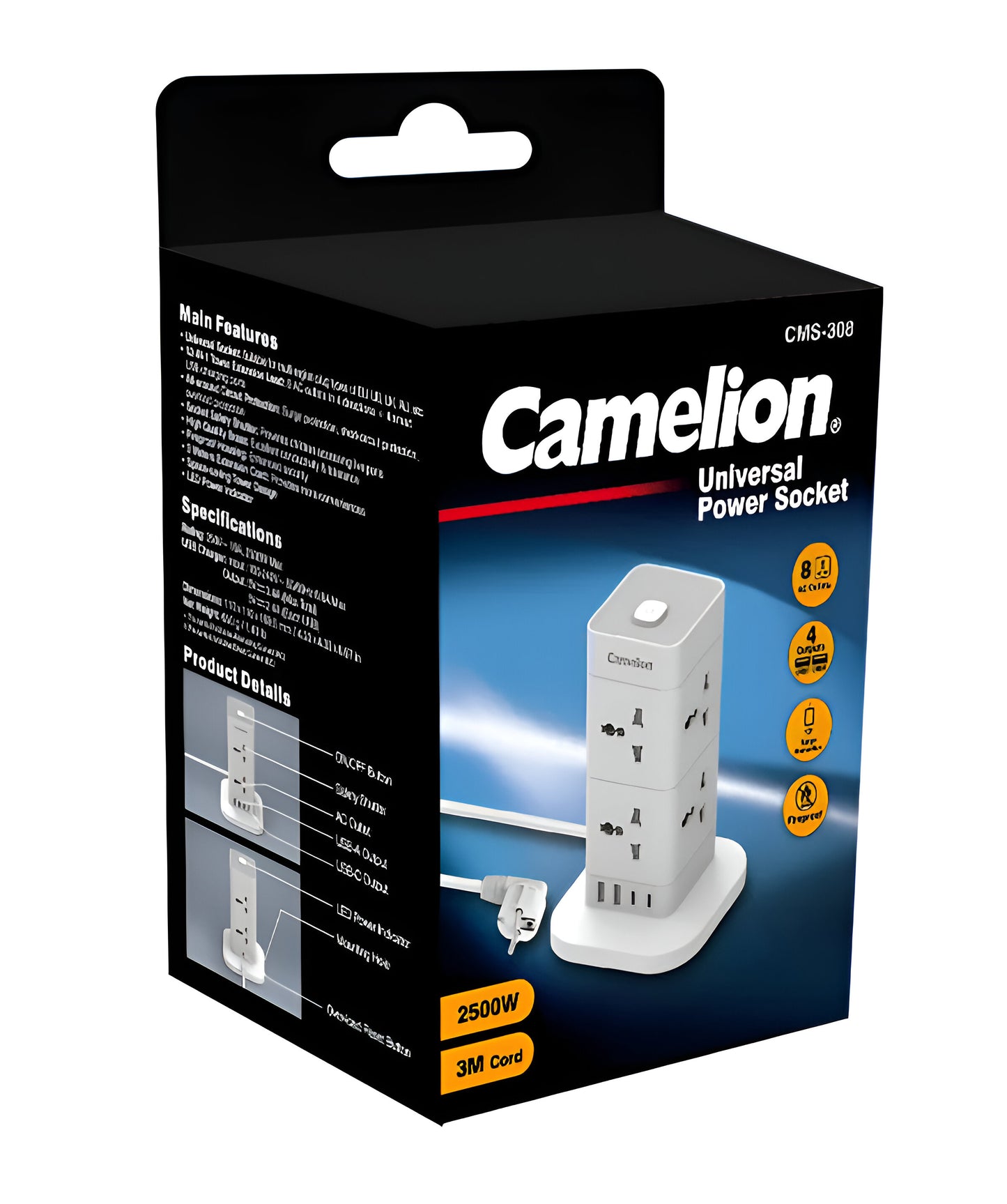 Camelion CMS‑308 – 8‑Outlet Power Strip with 4 USB & 3 m Cable