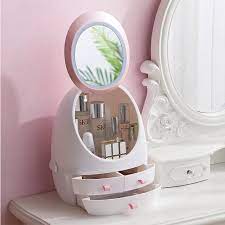 Oval LED Mirror Cosmetic Storage Organizer with Light & Jewelry Display