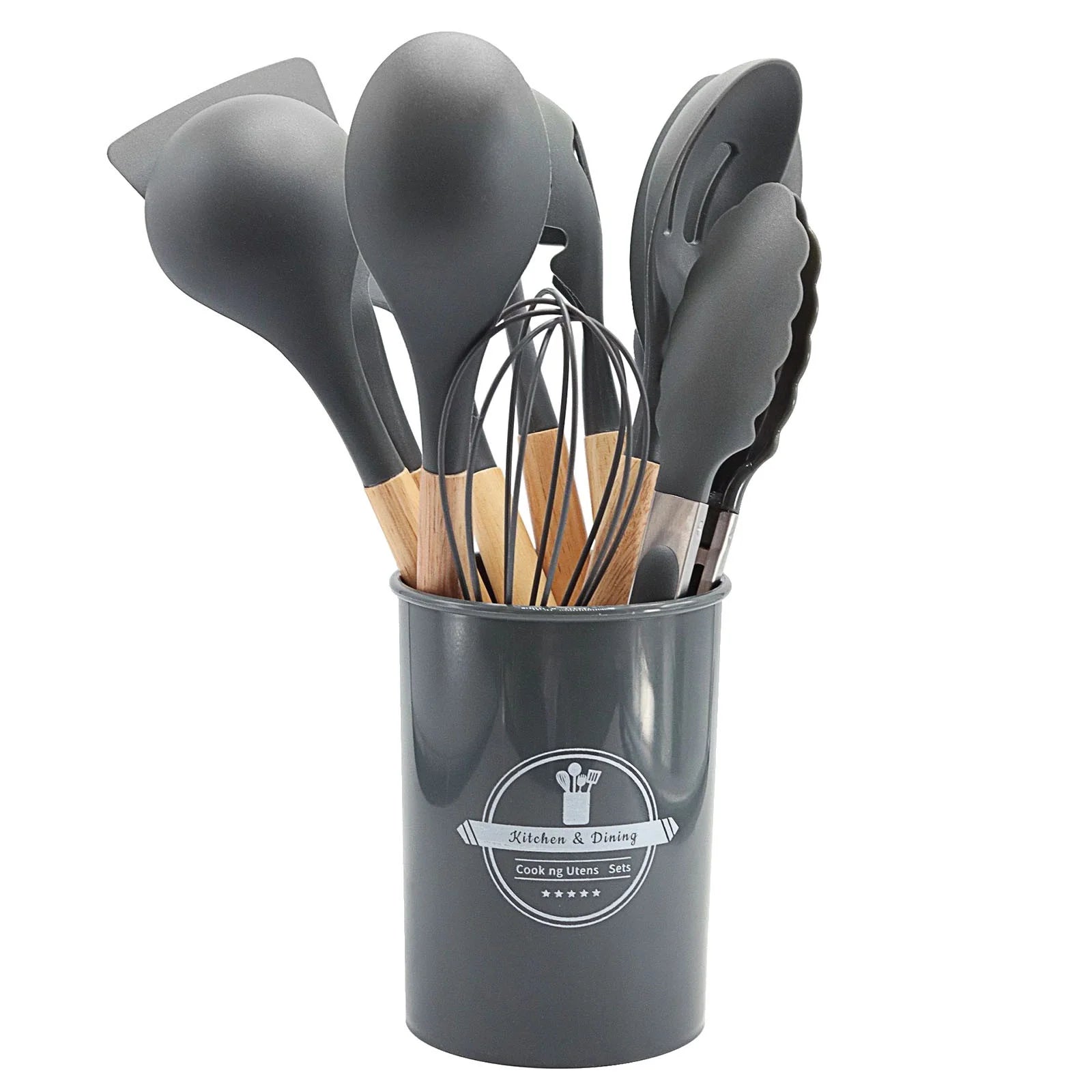 Set of gray kitchen utensils including spoons and a whisk in a cylindrical holder on a white background.