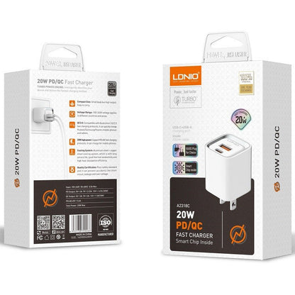 LDNIO A2318C – 20W Dual Port Fast Charger (USB-A + USB-C)