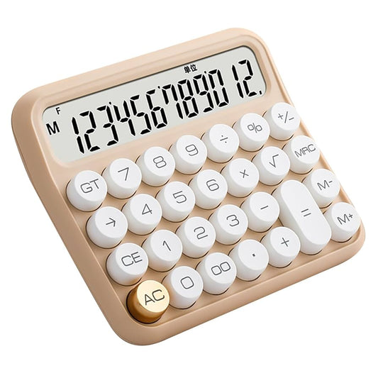 12-Digit Mechanical Calculator – Cute Beige Design, Big Buttons, Everyday Use
