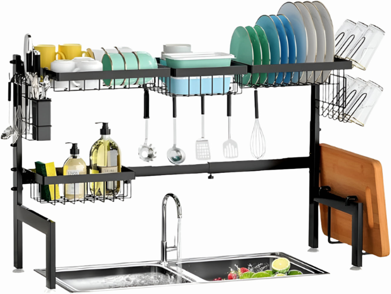 Dish rack with cutlery and plates above a kitchen sink.