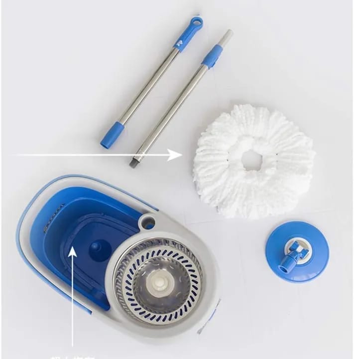 Cleaning tool set with blue and white components on a light gray background