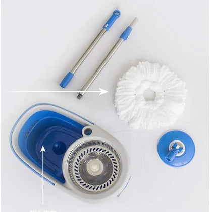 Cleaning tool set with blue and white components on a light gray background