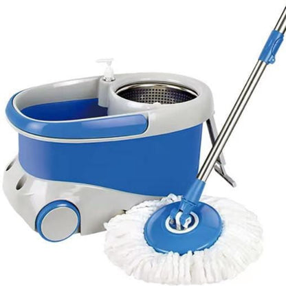 Blue and white spin mop with bucket on a white background