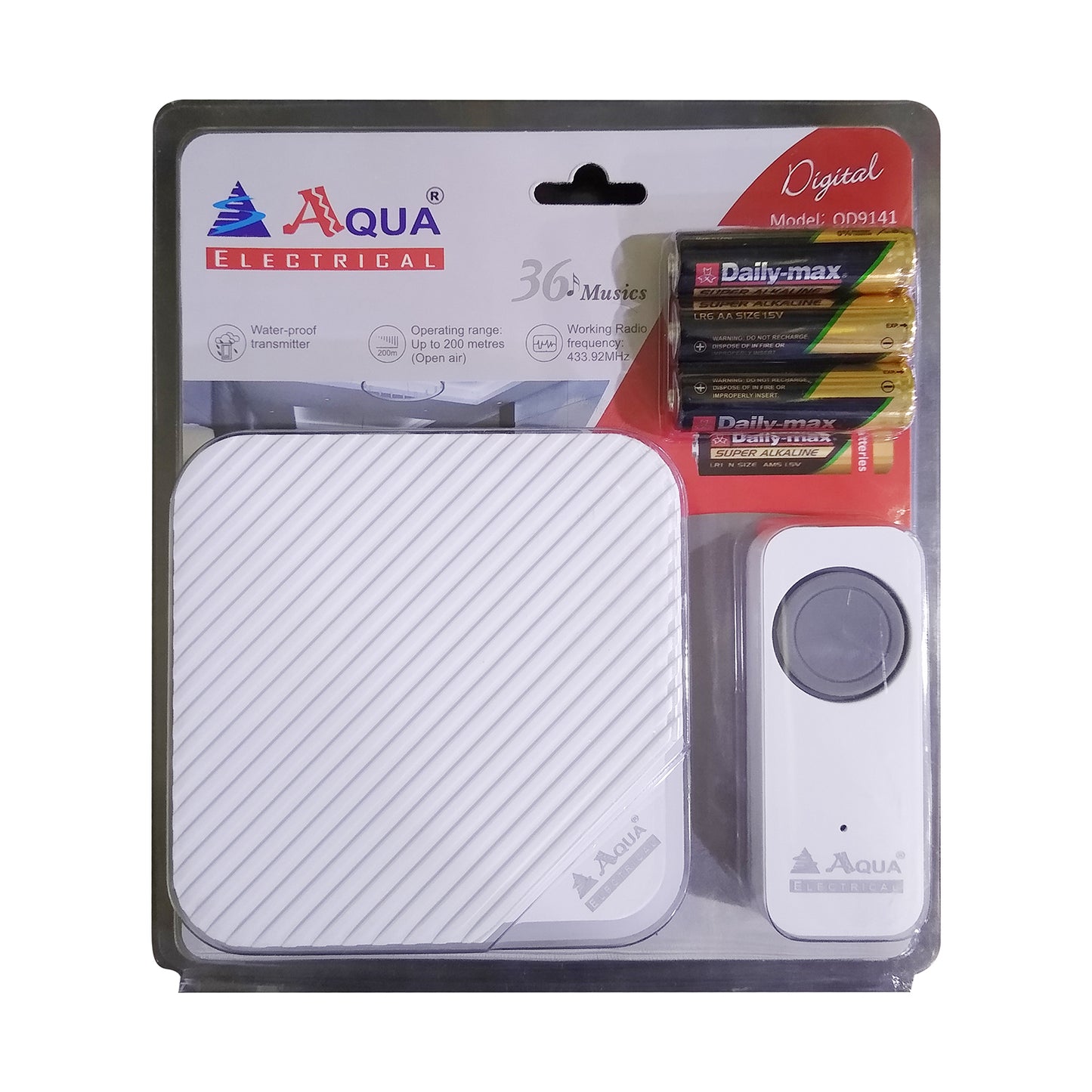 AQUA Digital Wireless Door Chime 9141 (White) – 36 Melodies, Waterproof Transmitter, 200 m Range