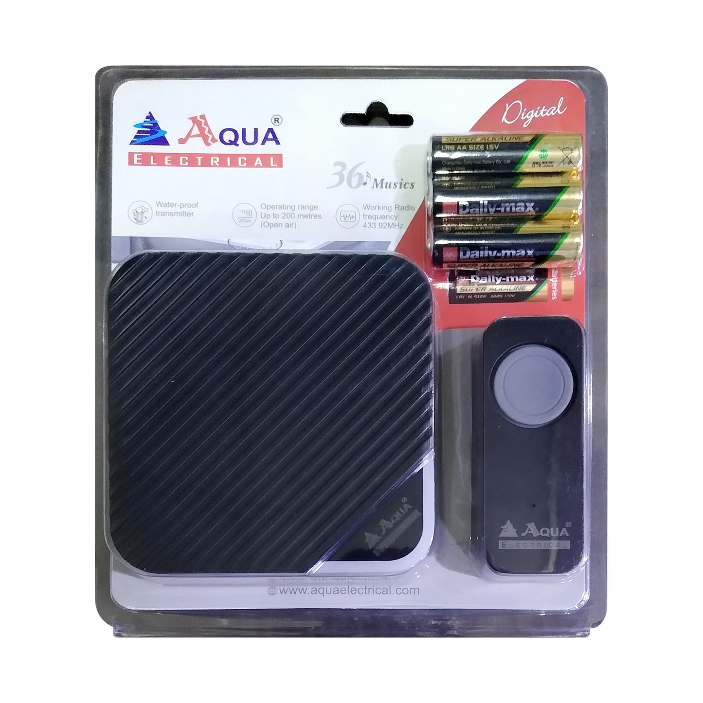 AQUA Digital Wireless Door Chime 9141 – Black, 36 Melodies, Waterproof Transmitter, 200 m Range
