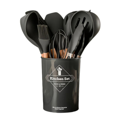Black kitchen utensil set in a container with 'Kitchen Set' branding on a white background.