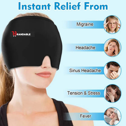 Black sleep mask with Brandable logo on a woman wearing it,缓解头痛、鼻窦痛、紧张和压力以及发烧的症状。