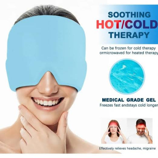 Blue eye mask for soothing hot/cold therapy with text and images of people using it.