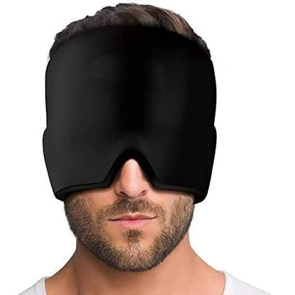 Man wearing a black sleep mask on a white background
