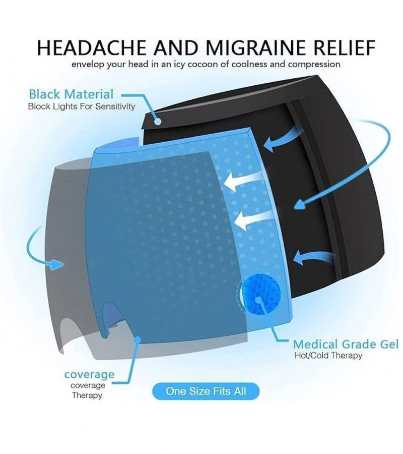 Headache and migraine relief product with black material and blue gel pack on a light blue background