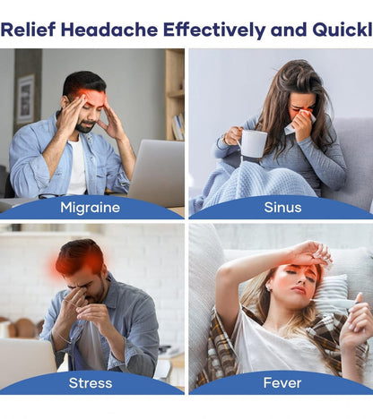 Four people experiencing different types of headaches with text labels below each image.