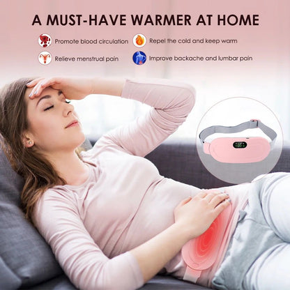 Woman using a heating pad with text about its benefits on a pink background