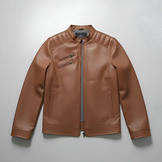 Brown leather jacket on a gray background