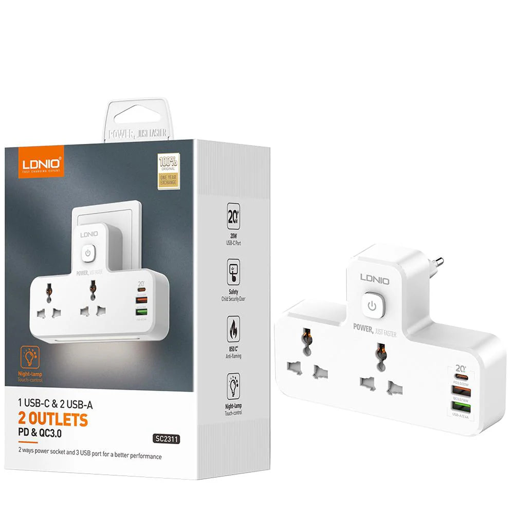 LDNIO SC2311 – 2‑Socket Power Strip + 3 USB Ports (20 W PD)