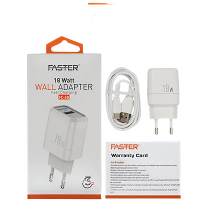 Faster FC‑58 18 W Quick Charge Wall Adapter – QC 3.0, Worldwide 100–240 V (White)