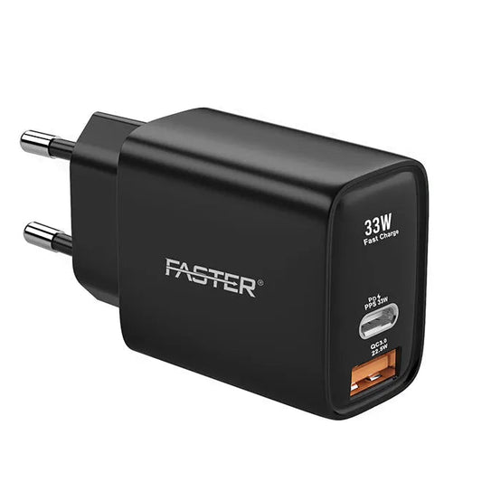 Faster PD‑33W Dual‑Port USB Fast Wall Charger – USB‑C 33W + QC3.0 USB‑A (22.5W)