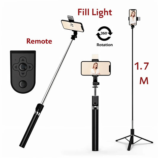 Neepho 4‑in‑1 Longest Selfie Stick Tripod (Black) – Extendable to 1.7 m with LED Light & Bluetooth Remote