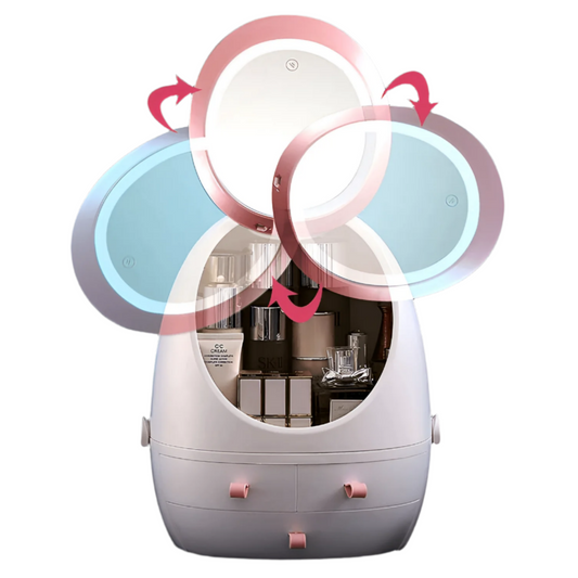 Oval LED Mirror Cosmetic Storage Organizer with Light & Jewelry Display